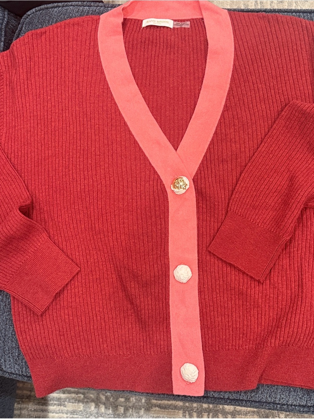 Ramy Brook Red Ribbed Cardigan with Pink Trim and Gold Buttons